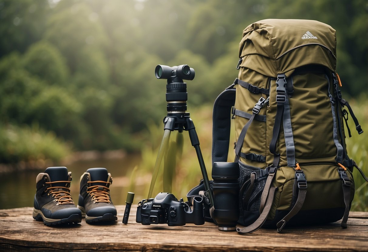 A backpack with binoculars, a lightweight hat, a pair of sturdy hiking boots, and a breathable, quick-drying shirt and pants