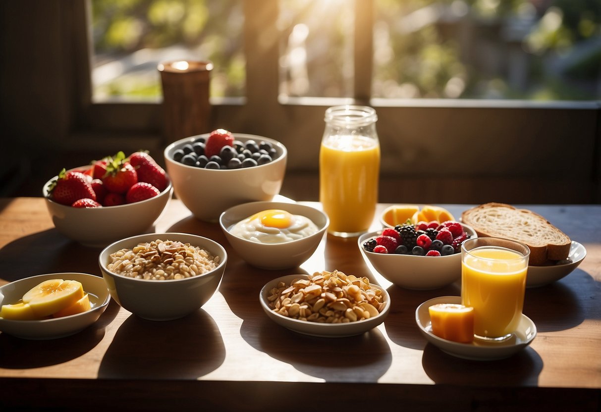 A table set with a variety of breakfast foods: oatmeal, yogurt, fruit, eggs, toast, and smoothies. Sunlight streams in through a window, casting a warm glow over the spread