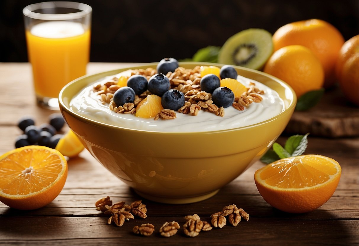 A bowl of Greek yogurt topped with granola and drizzled with honey sits on a wooden table, surrounded by fresh fruit and a glass of orange juice