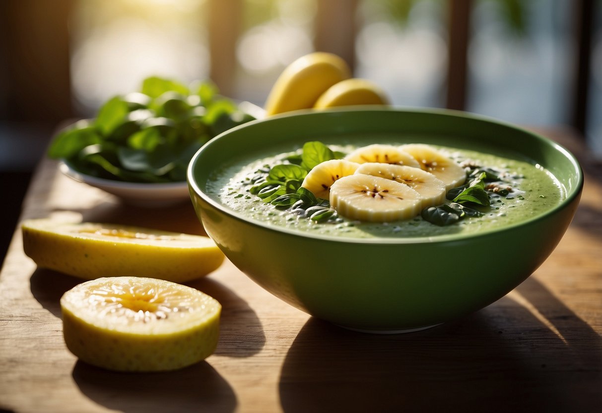 A vibrant green smoothie bowl sits on a wooden table, topped with banana slices and spinach leaves. The morning sunlight streams through a nearby window, casting a warm glow on the nutritious breakfast