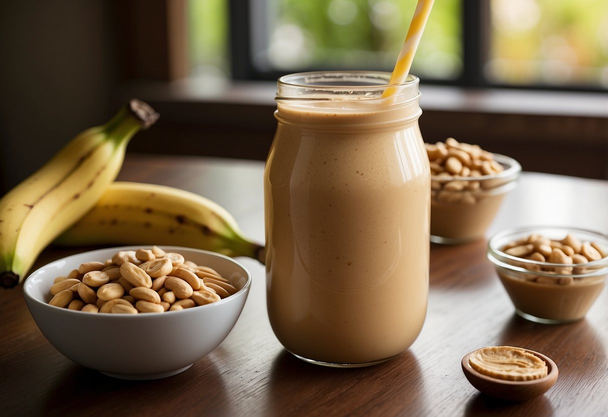 A glass filled with a creamy, light brown peanut butter banana smoothie sits on a wooden table next to a bowl of ripe bananas and a jar of peanut butter