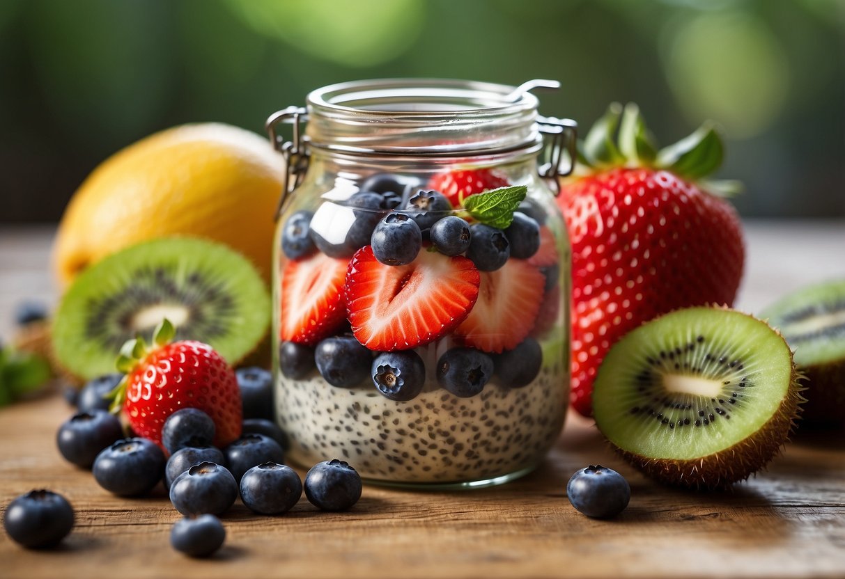 A glass jar filled with chia seed pudding topped with vibrant, fresh fruit slices, such as strawberries, blueberries, and kiwi. A spoon rests alongside the jar on a wooden table