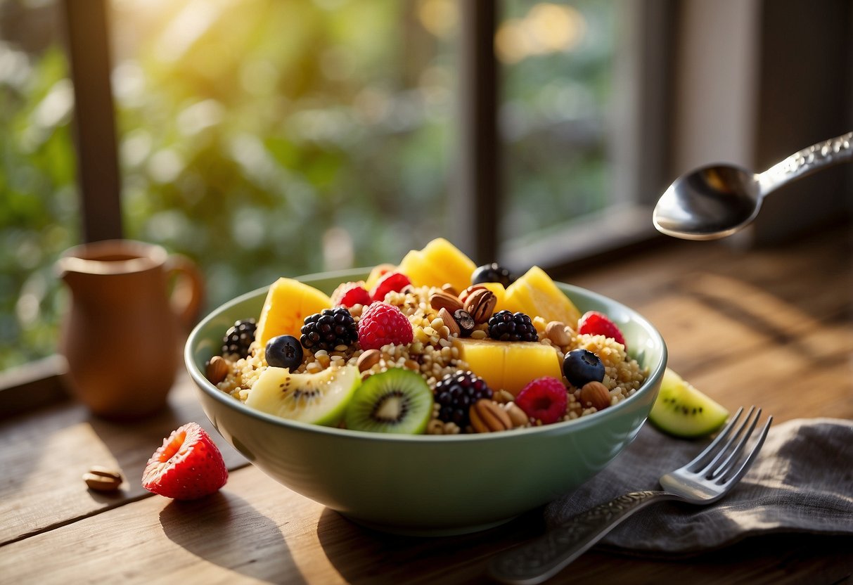 A colorful breakfast bowl with quinoa, topped with vibrant veggies, fruits, and nuts. The bowl is placed on a wooden table with a spoon next to it. Sunrise light streams in from a window