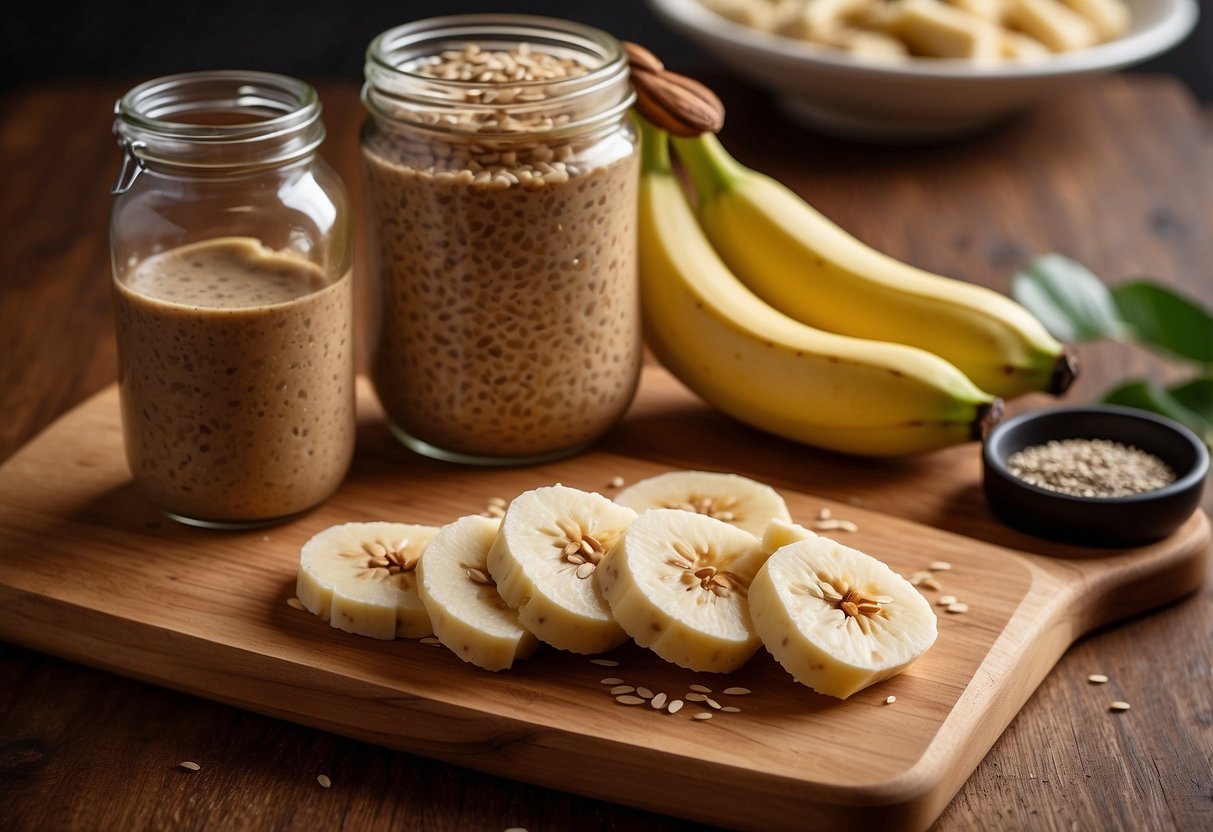 A sliced banana and jar of almond butter on a wooden cutting board, surrounded by whole grain bread, honey, and chia seeds