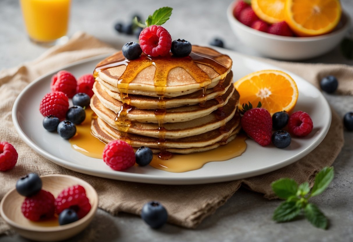 A stack of protein pancakes drizzled with maple syrup on a plate, surrounded by fresh berries and a glass of orange juice