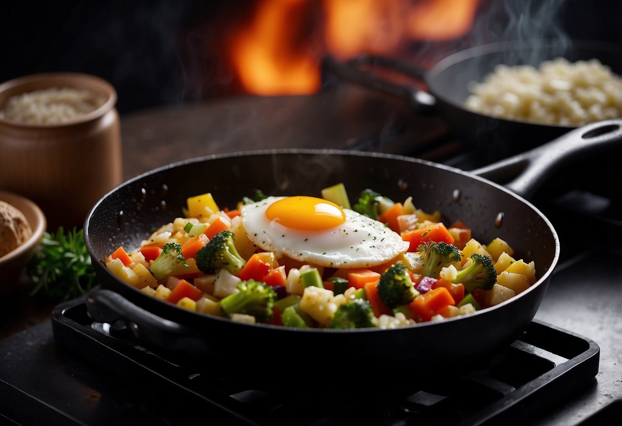 A sizzling pan with colorful diced vegetables and fluffy egg whites being scrambled together, emitting a savory aroma