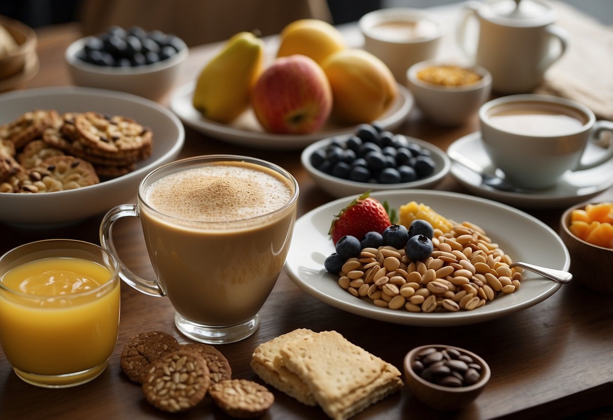 A table set with a variety of nutritious breakfast options, including fruits, whole grains, and protein-rich foods. A steaming cup of coffee or tea sits beside the spread