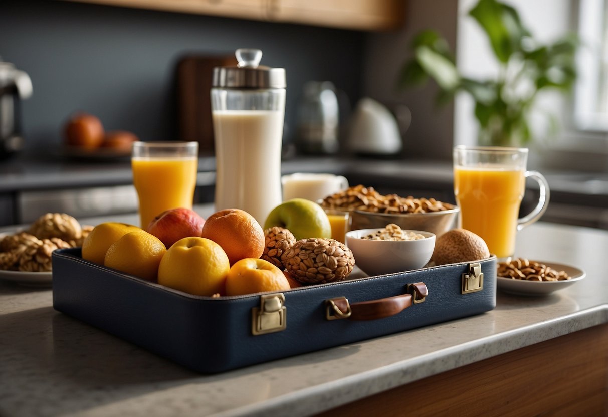 A kitchen counter with a variety of breakfast items such as fruits, yogurt, granola, and a travel mug of coffee. A suitcase and map are nearby, indicating preparation for a trip