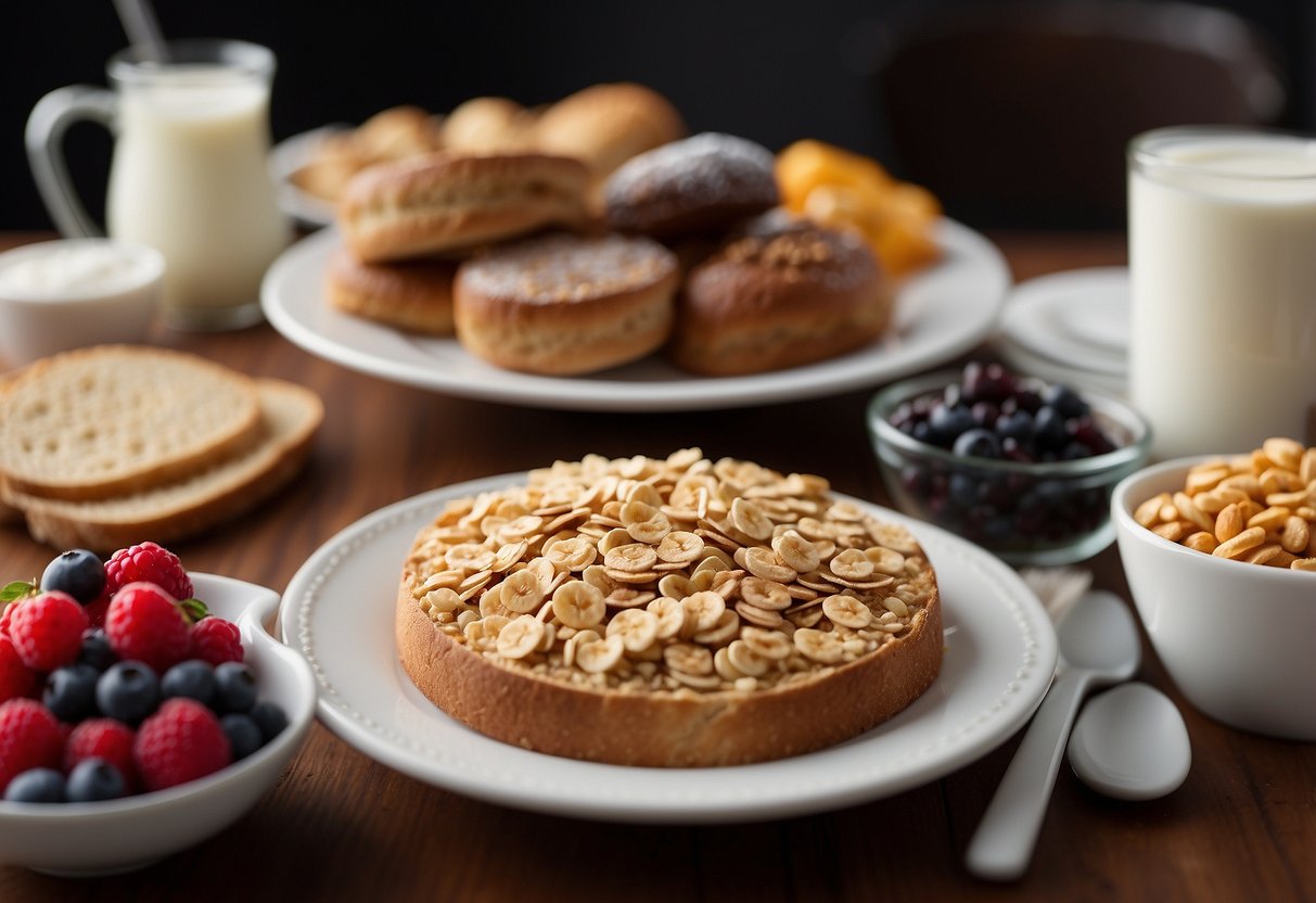 A table set with sugary cereals, pastries, and high-fat breakfast items. An alternative spread includes whole grain toast, fruit, and yogurt for energy