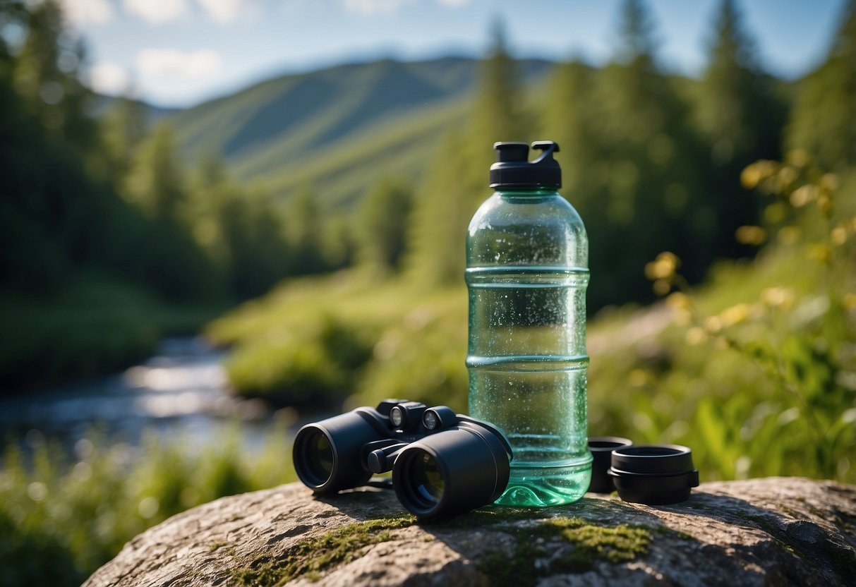 Tip 1: A water bottle sits on a rock next to a pair of binoculars and a wildlife guidebook. A small stream flows in the background, surrounded by lush greenery