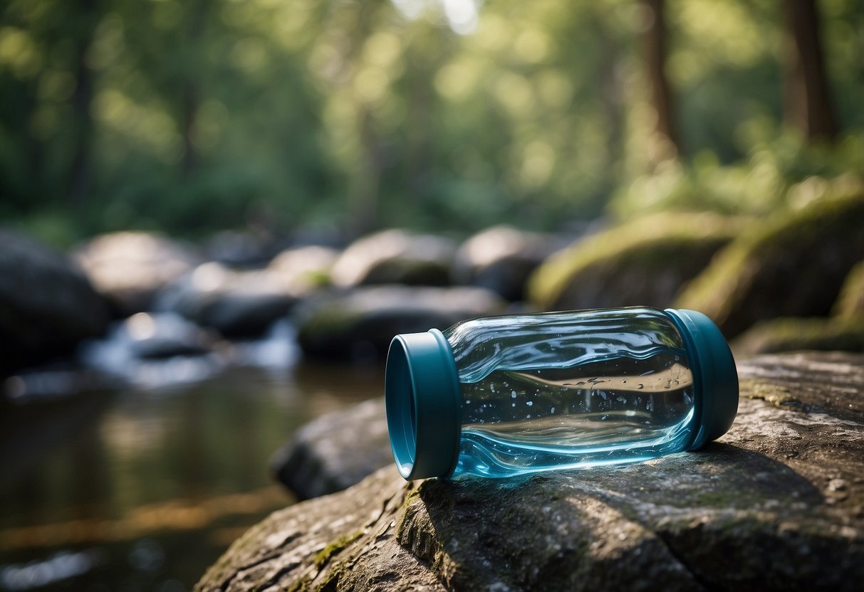 A reusable water bottle sits on a rock in a serene wildlife watching setting, surrounded by trees and wildlife