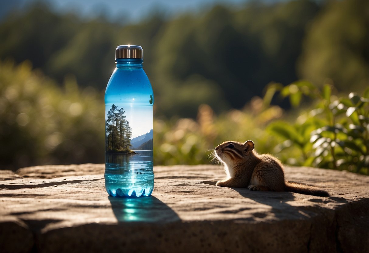 A water bottle placed on a flat surface with a wildlife watching scene in the background. Sunlight illuminates the bottle, emphasizing the importance of staying hydrated