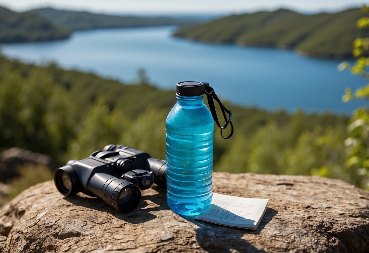 A water bottle with electrolyte tablets, binoculars, and a wildlife guidebook on a nature trail. Surrounding flora and fauna, with a clear blue sky above