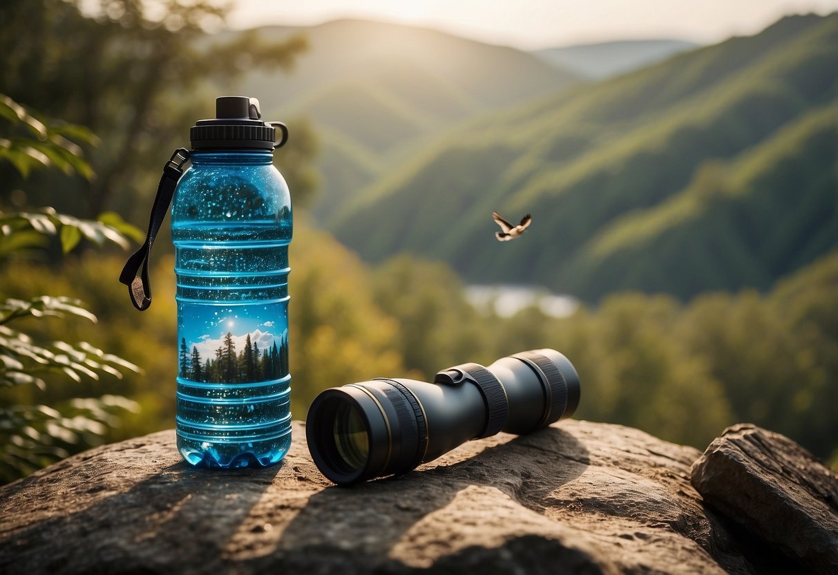 A water bottle sits on a rock next to binoculars and a field guide. The sun shines on a tranquil forest clearing with birds and animals in the distance