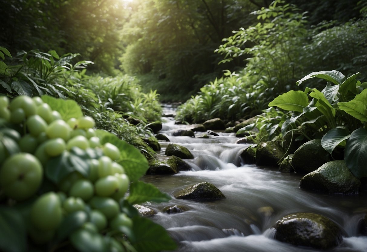 Lush green foliage surrounds a clear, flowing stream. Various fruits and vegetables are scattered around, emphasizing the importance of water-rich foods for hydration