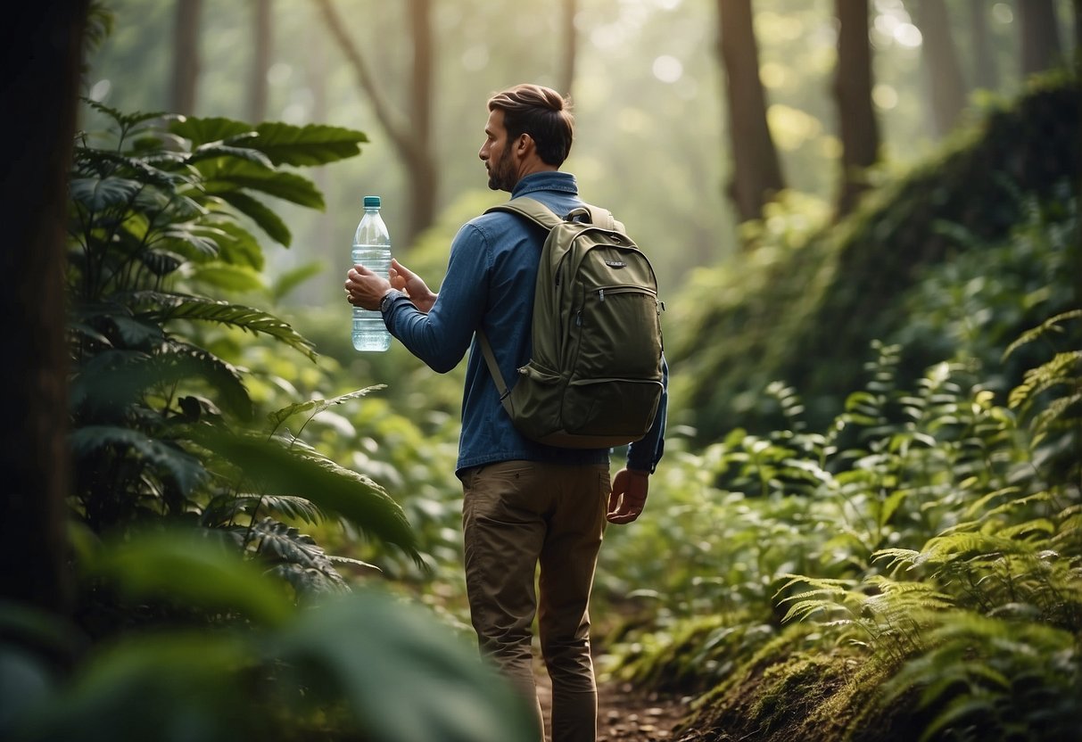 A person in breathable clothing holds a water bottle while observing wildlife in a natural setting. Surrounding plants and animals indicate a peaceful, outdoor environment