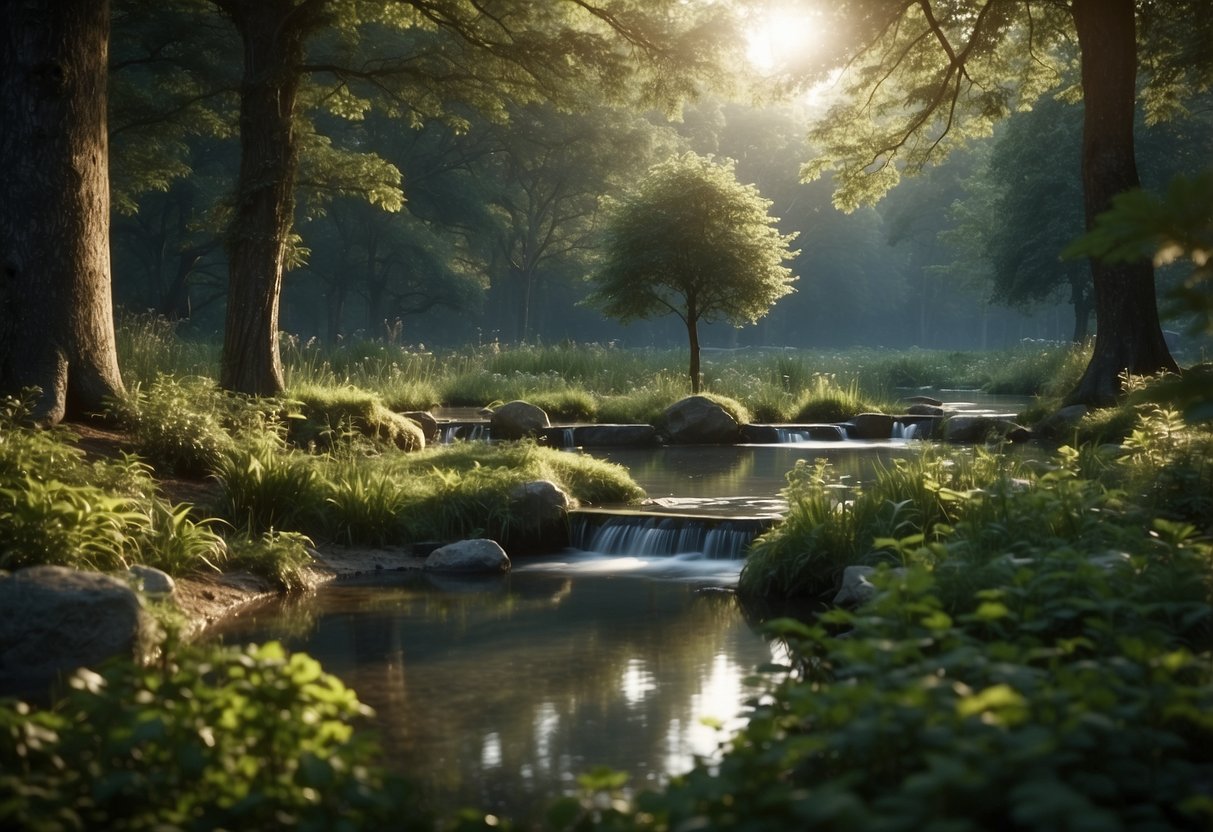 A serene forest clearing with a variety of wildlife species gathered around a natural water source, such as a stream or pond, as the focal point of the illustration