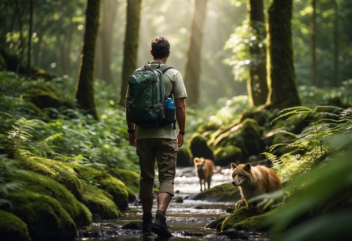 A wildlife watcher carries a water bottle and a hydration pack while observing animals in a lush, green forest. A nearby stream provides a source of fresh water