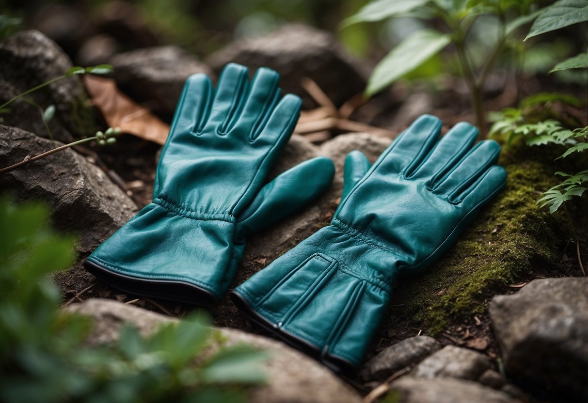 A pair of durable gloves lying on a rocky terrain, surrounded by lush greenery and wildlife. The gloves are sturdy and protective, perfect for wildlife watching