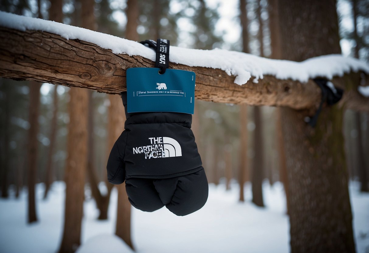 A snowy forest with a pair of North Face Montana GORE-TEX mitts hanging from a tree branch, surrounded by wildlife such as deer, birds, and rabbits