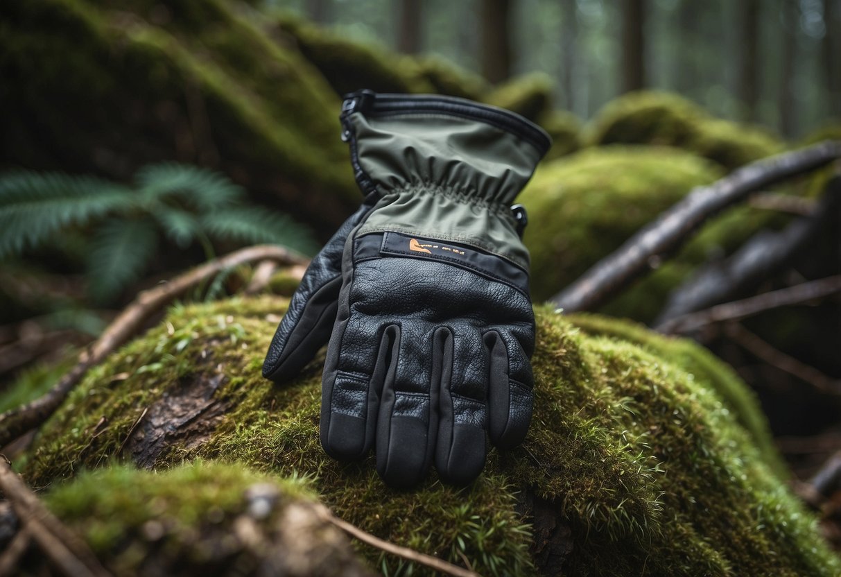 A pair of Sitka Gear Stormfront GTX gloves lies on a mossy rock, surrounded by dense forest and wildlife. The gloves are weather-worn and show signs of heavy use