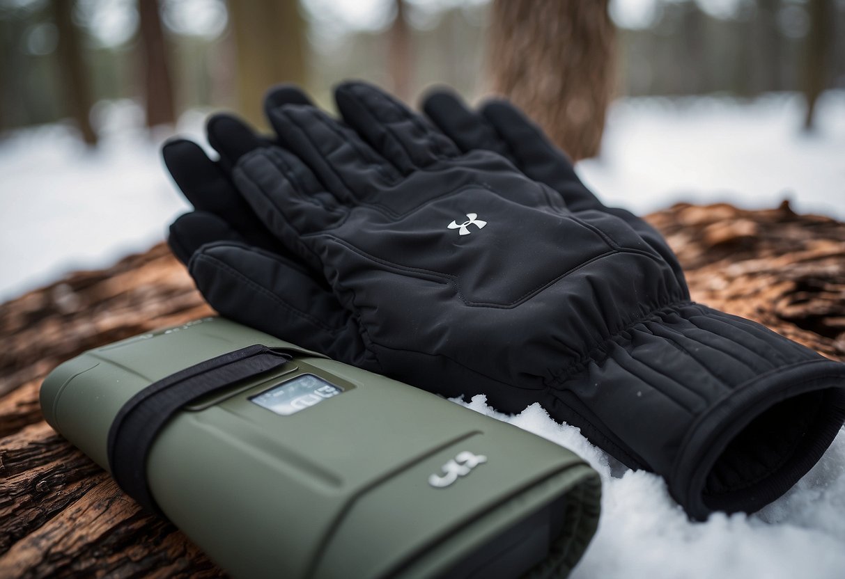 A pair of Under Armour UA Extreme ColdGear Gloves laid out on a snowy background, with a pair of binoculars and a wildlife guidebook nearby