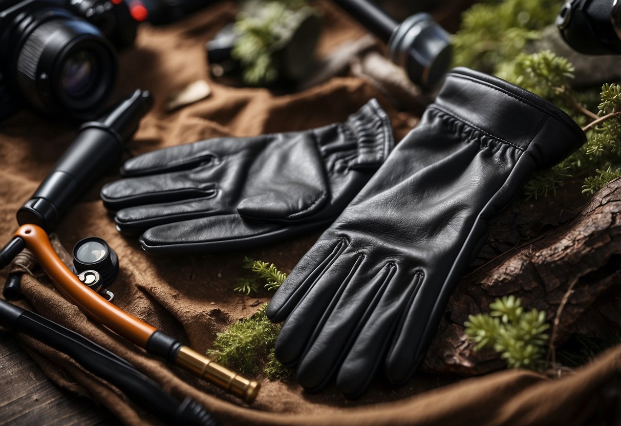 A pair of wildlife watching gloves laid out with various materials like leather, synthetic fabric, and rubber for protection