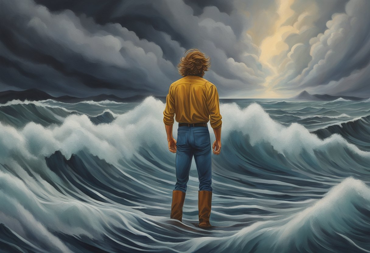 Andy Gibb's personal struggles are depicted through a lone figure standing in a storm, surrounded by dark clouds and turbulent waves, symbolizing the internal battles he faced