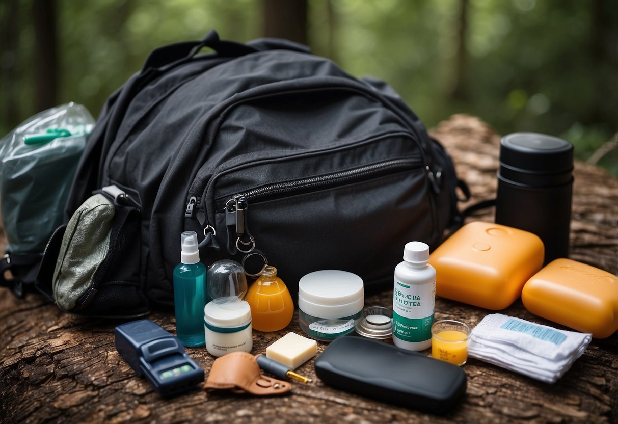 A backpack open with first aid items spilling out: bandages, antiseptic, tweezers, gloves, scissors, and a flashlight for wildlife watching