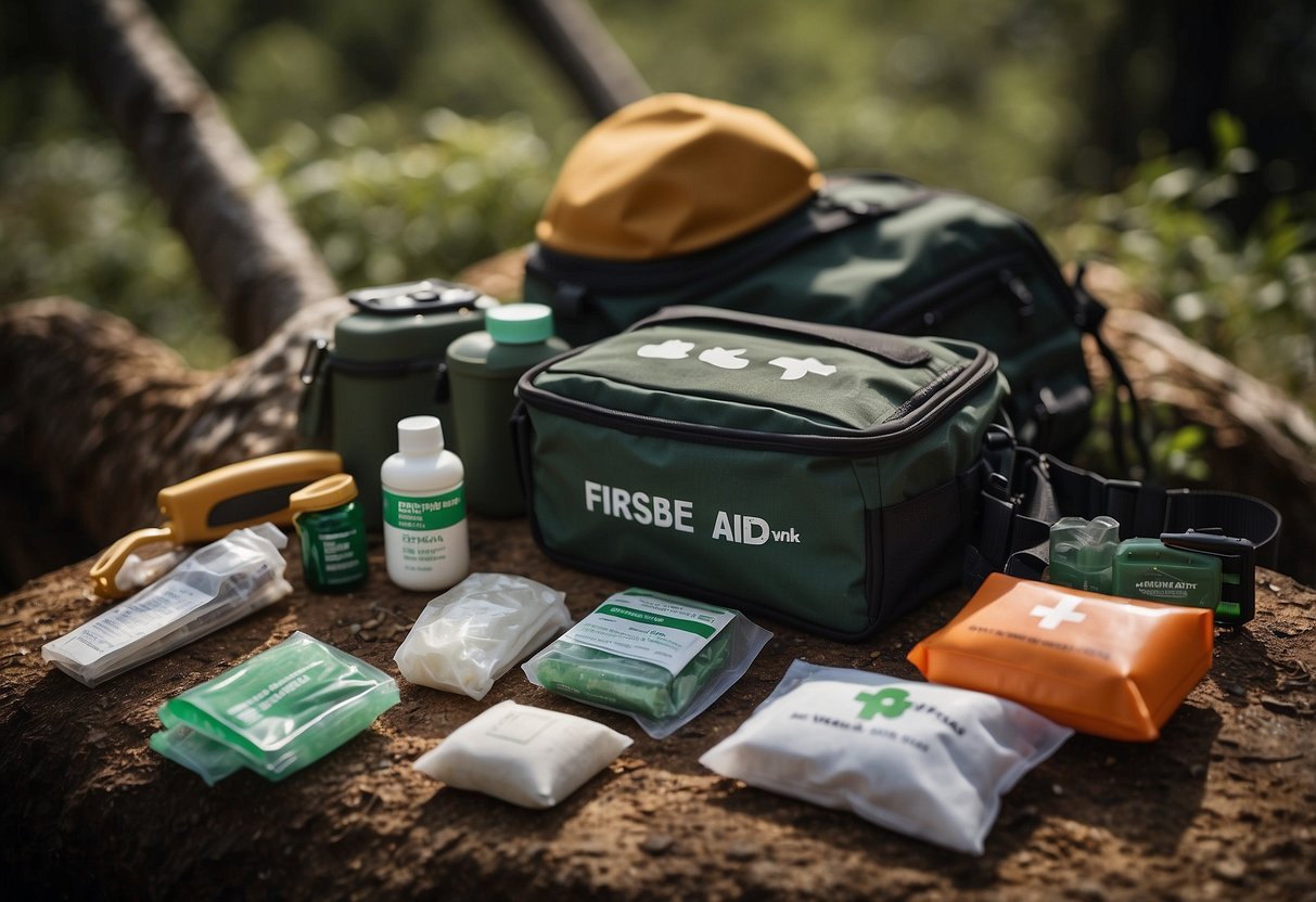 A portable first aid kit sits open on the ground, surrounded by wildlife watching gear. Items include bandages, antiseptic wipes, and tweezers