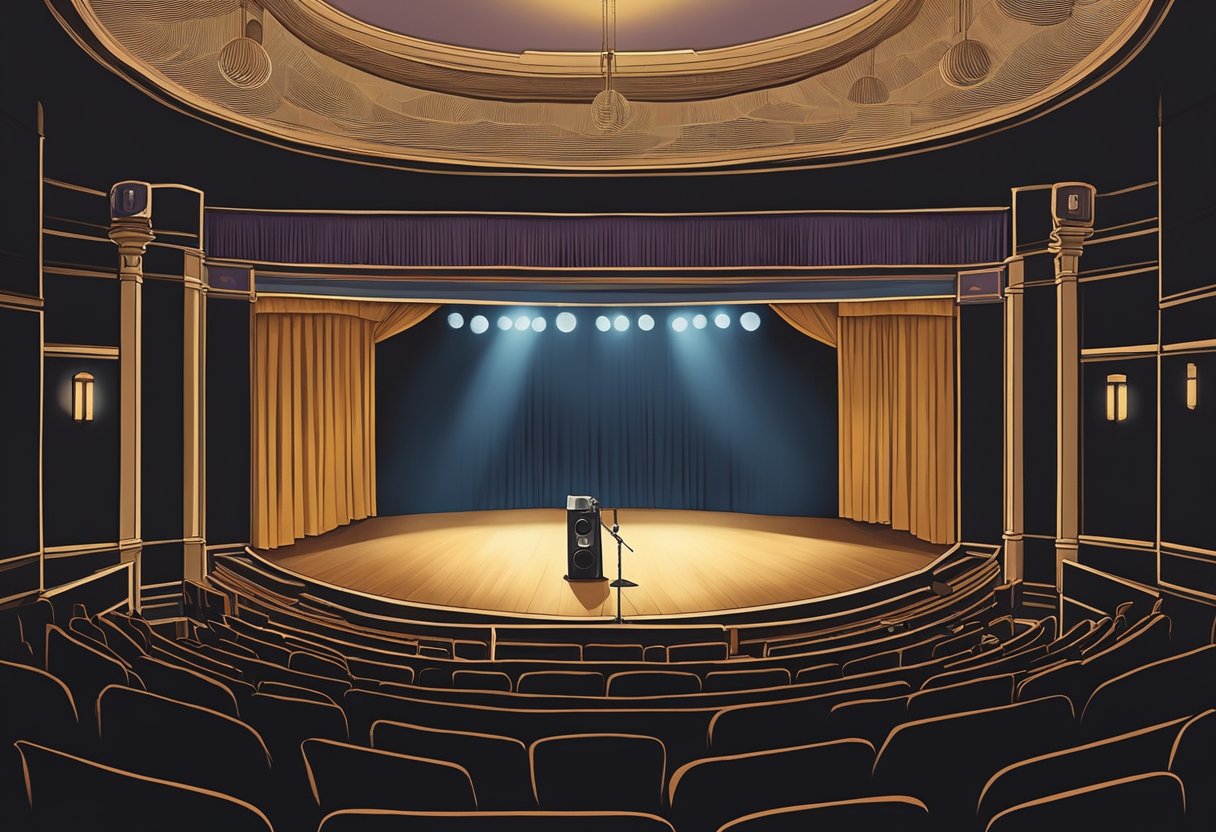 A lone microphone stands center stage, bathed in a spotlight. Empty seats surround the dimly lit theater, capturing the melancholy of the final curtain call for Andy Gibb