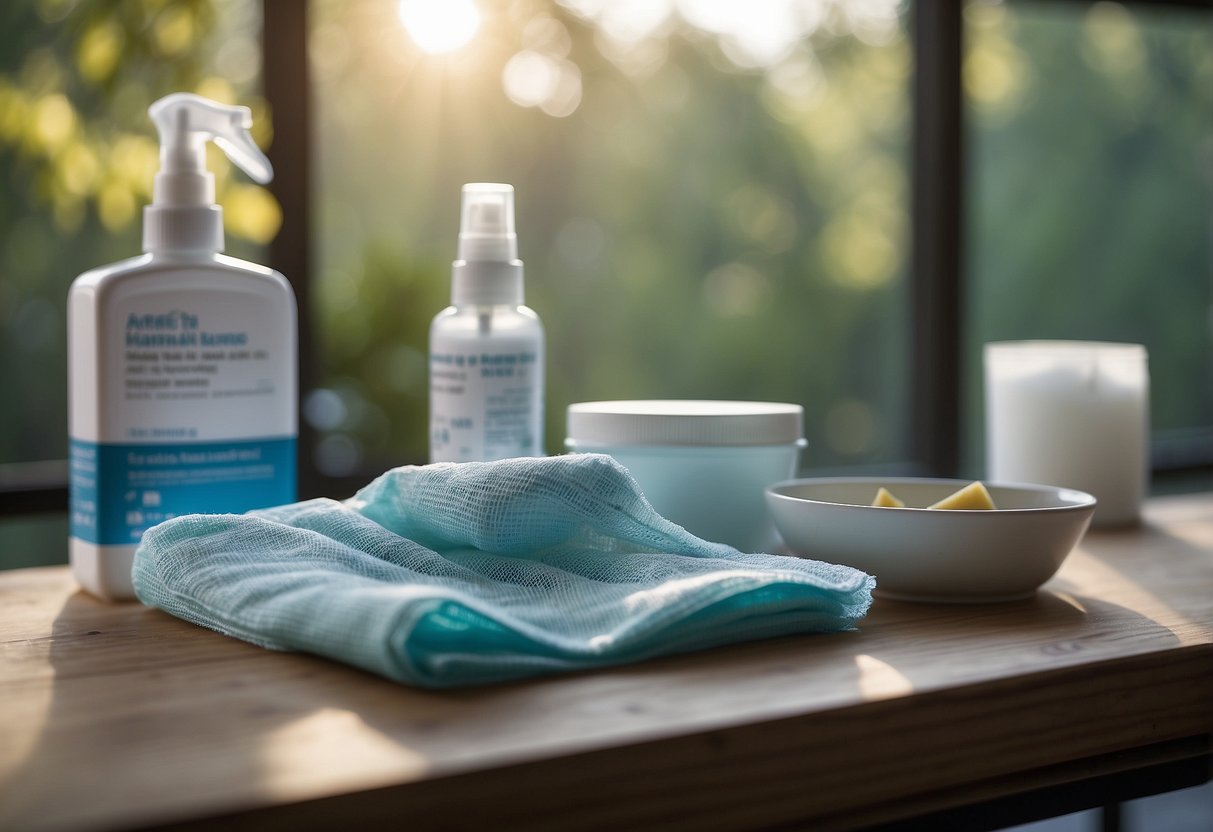 A table with sterile gauze pads, bandages, and antiseptic spray. A pair of gloves and scissors nearby. Outdoor scenery visible through a nearby window