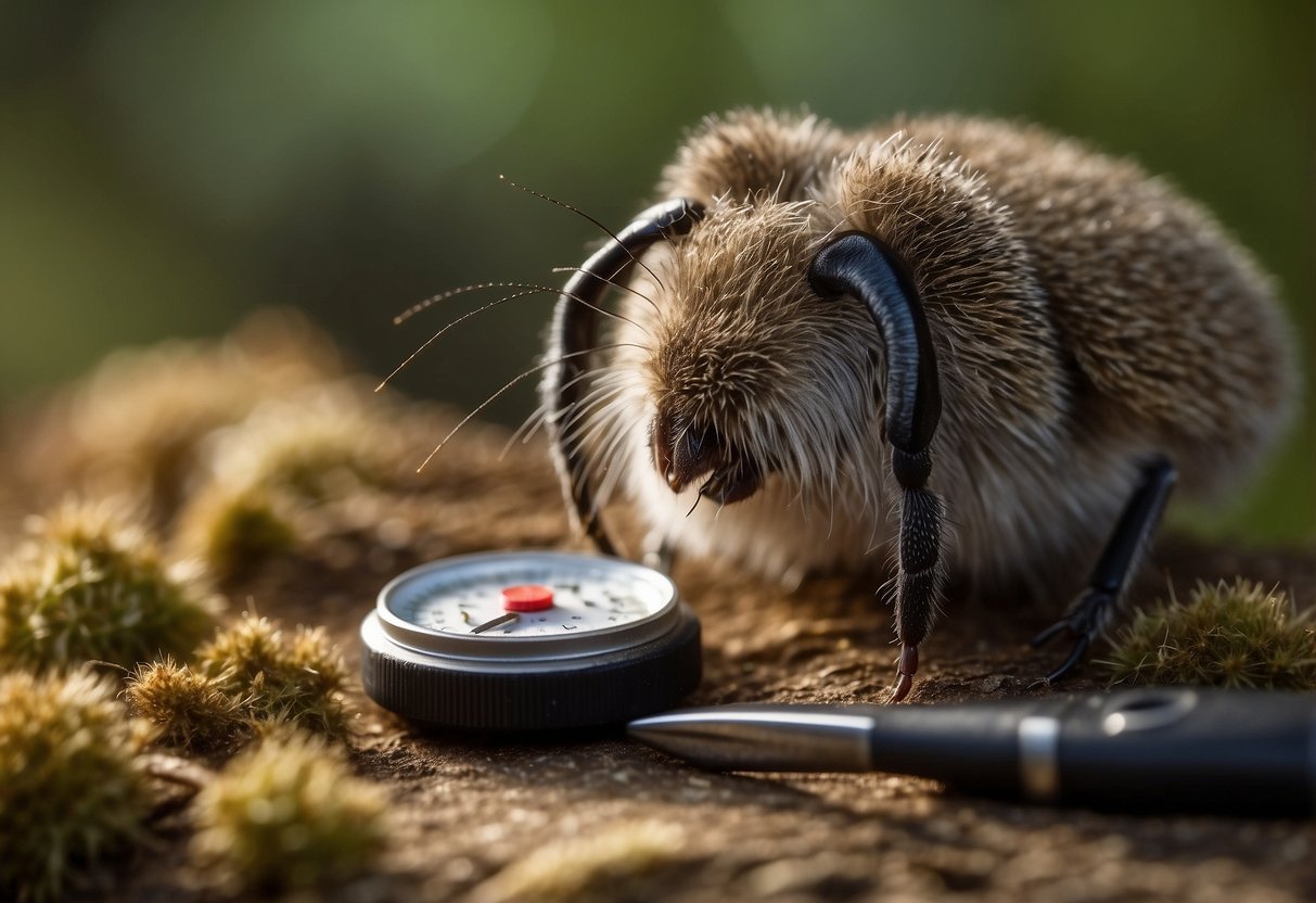 Tweezers grip a tick from a furry animal's skin. Nearby, binoculars and a first aid kit sit ready for wildlife watching