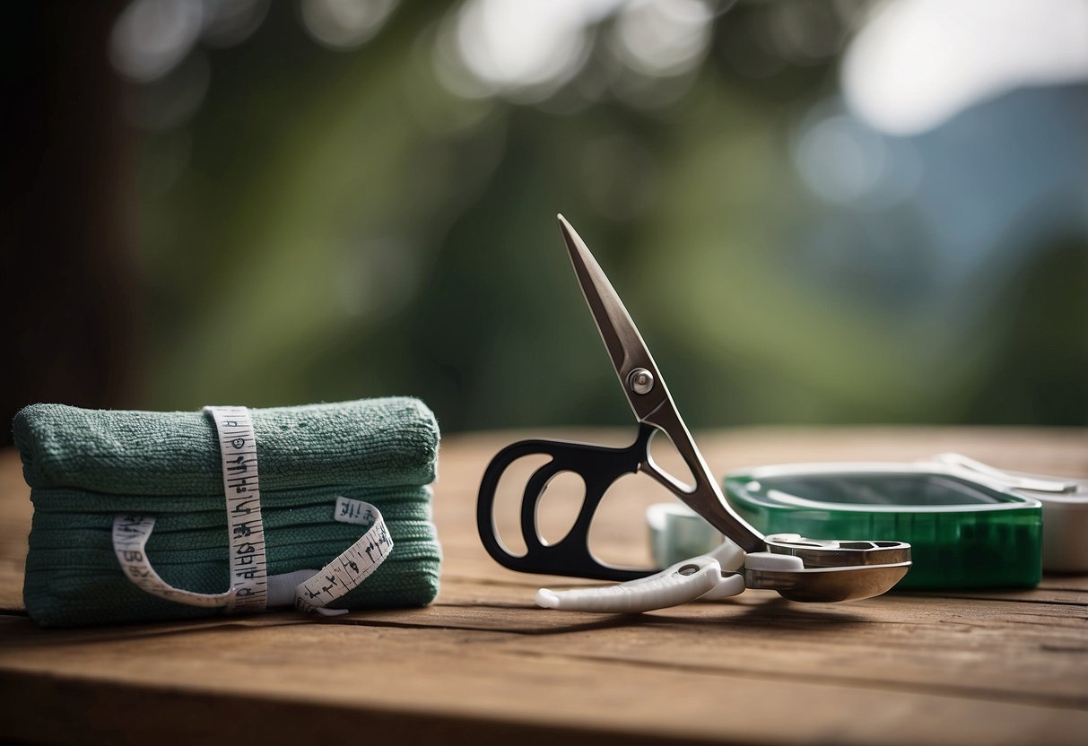 Bandage scissors rest on a table with other first aid items, ready for use during wildlife watching