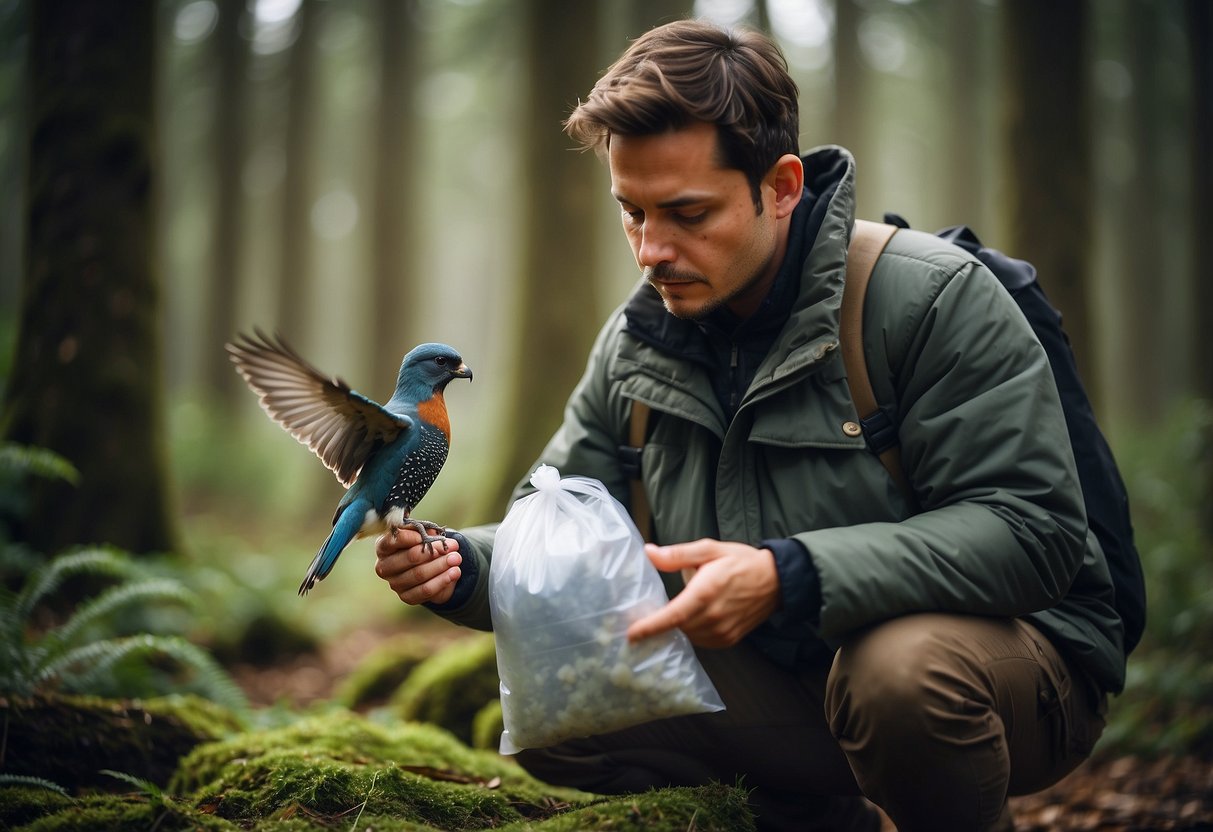 A wildlife watcher opens an instant cold pack to treat a bird's injury in a forest clearing