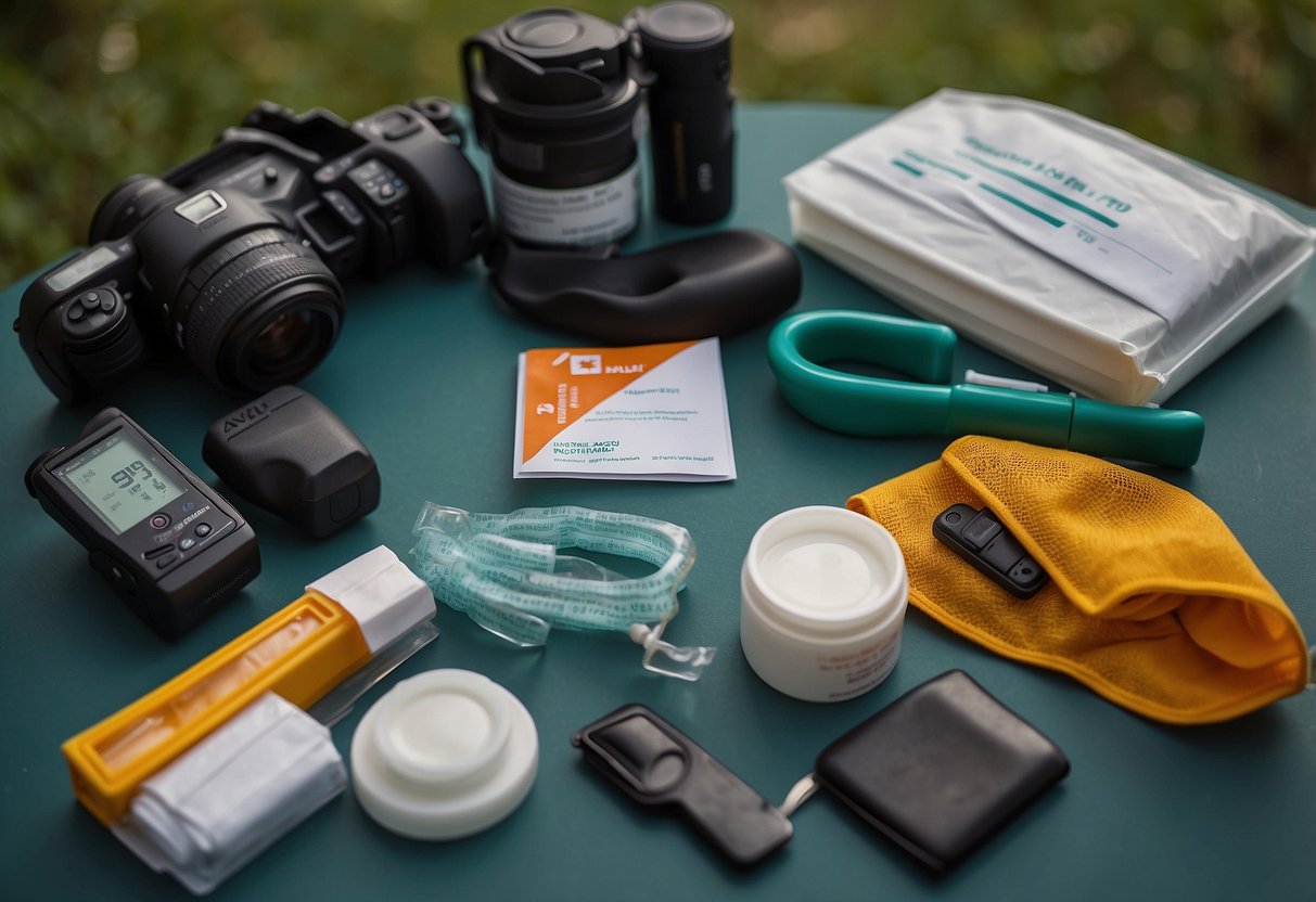 A pair of medical gloves laid out next to essential first aid items for wildlife watching