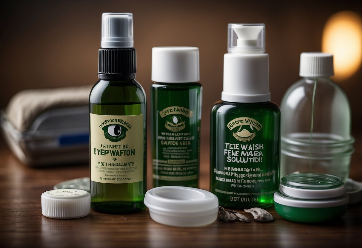 A bottle of eye wash solution sits among essential first aid items for wildlife watching