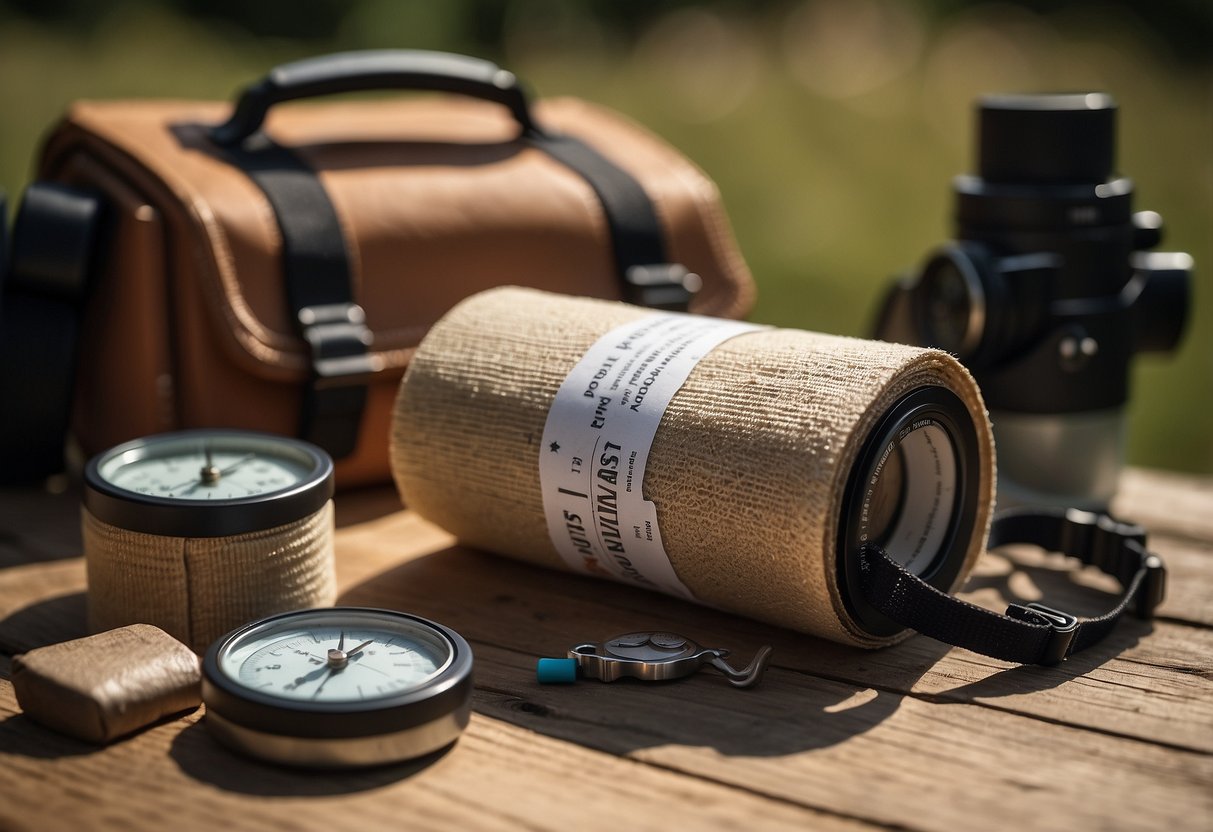 A roll of elastic bandages lies next to a first aid kit, surrounded by binoculars, a compass, and a field guide