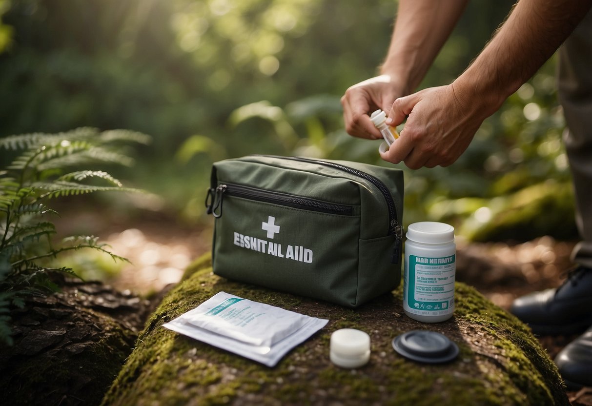 A wildlife watcher holds a first aid kit with essential items like bandages, antiseptic wipes, and tweezers. The kit is surrounded by nature and wildlife, emphasizing the importance of being prepared for emergencies