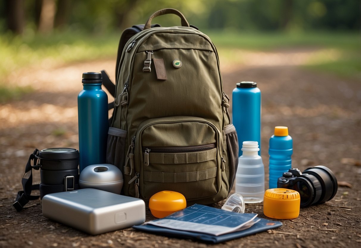 A backpack open on the ground, with a first aid kit, water bottle, binoculars, map, compass, flashlight, snacks, sunscreen, insect repellent, and a notebook