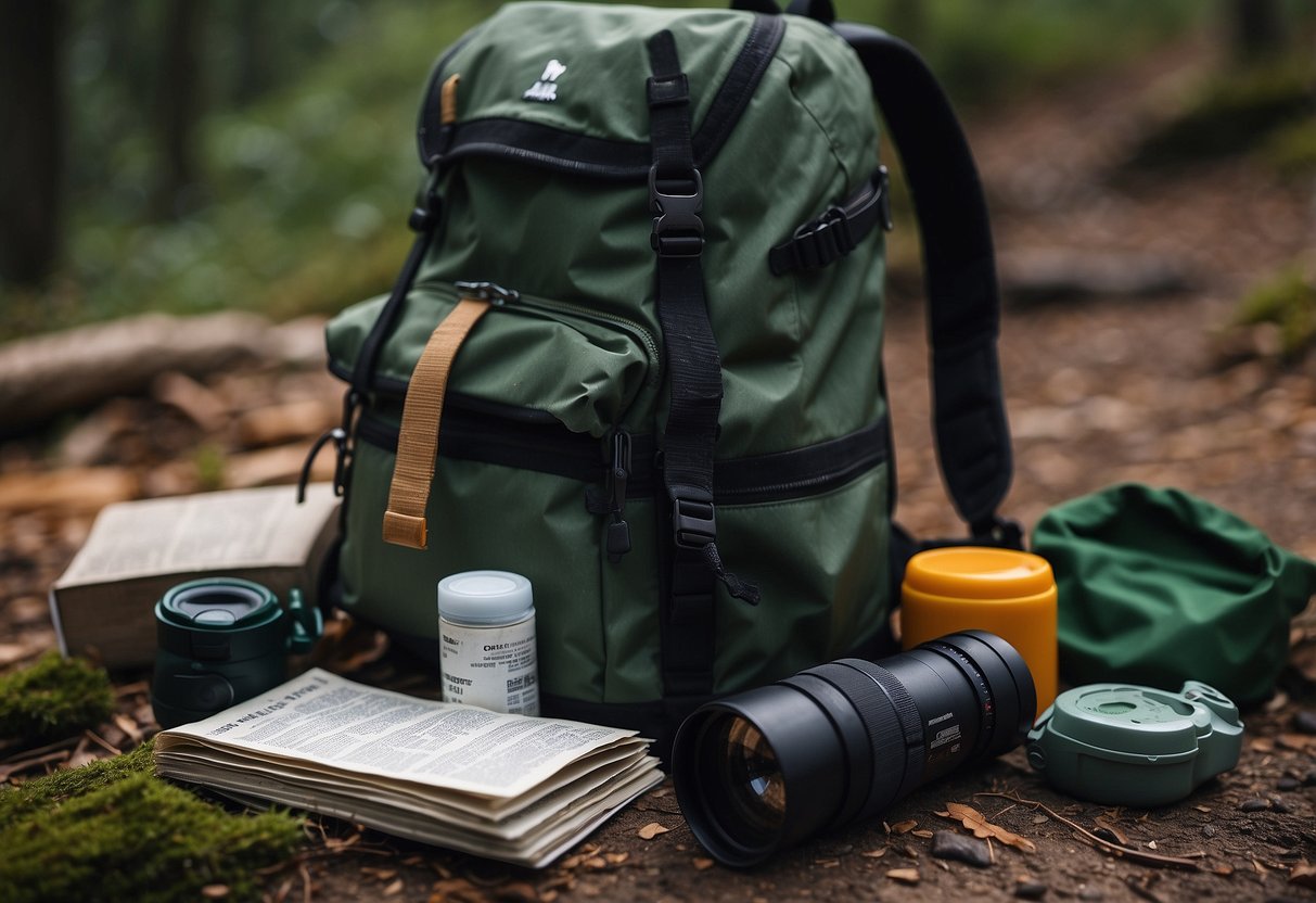 A person's backpack with first aid items scattered on the ground near a trail, with binoculars and a wildlife guidebook nearby