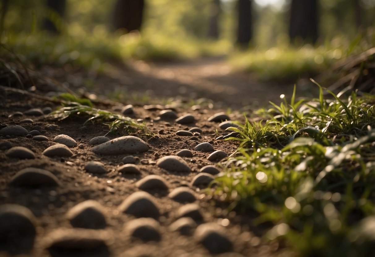 Paw prints of various sizes and shapes scattered across the ground in a natural setting