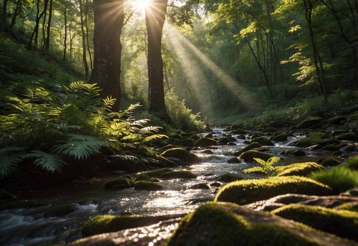 A lush forest with diverse flora and fauna, a flowing river, and a variety of animal tracks on the ground. The sun is shining through the canopy, casting dappled light on the scene