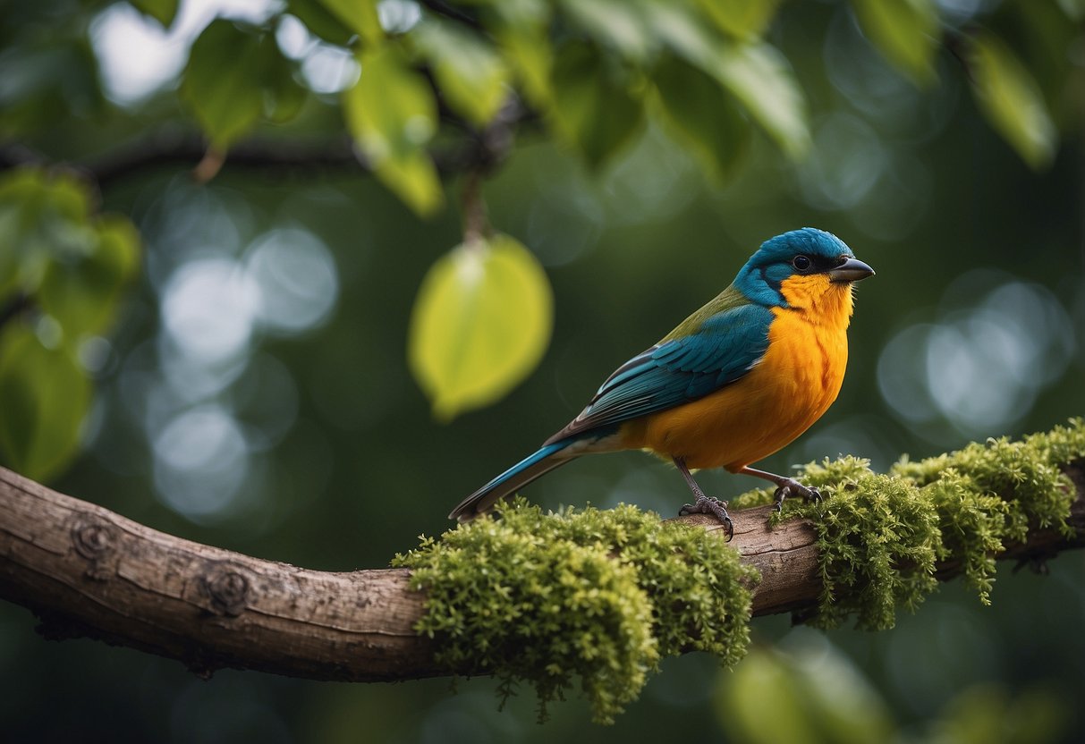 A colorful bird perched on a tree branch, surrounded by lush greenery. A bird feeder and birdbath are nearby, attracting various species for photography