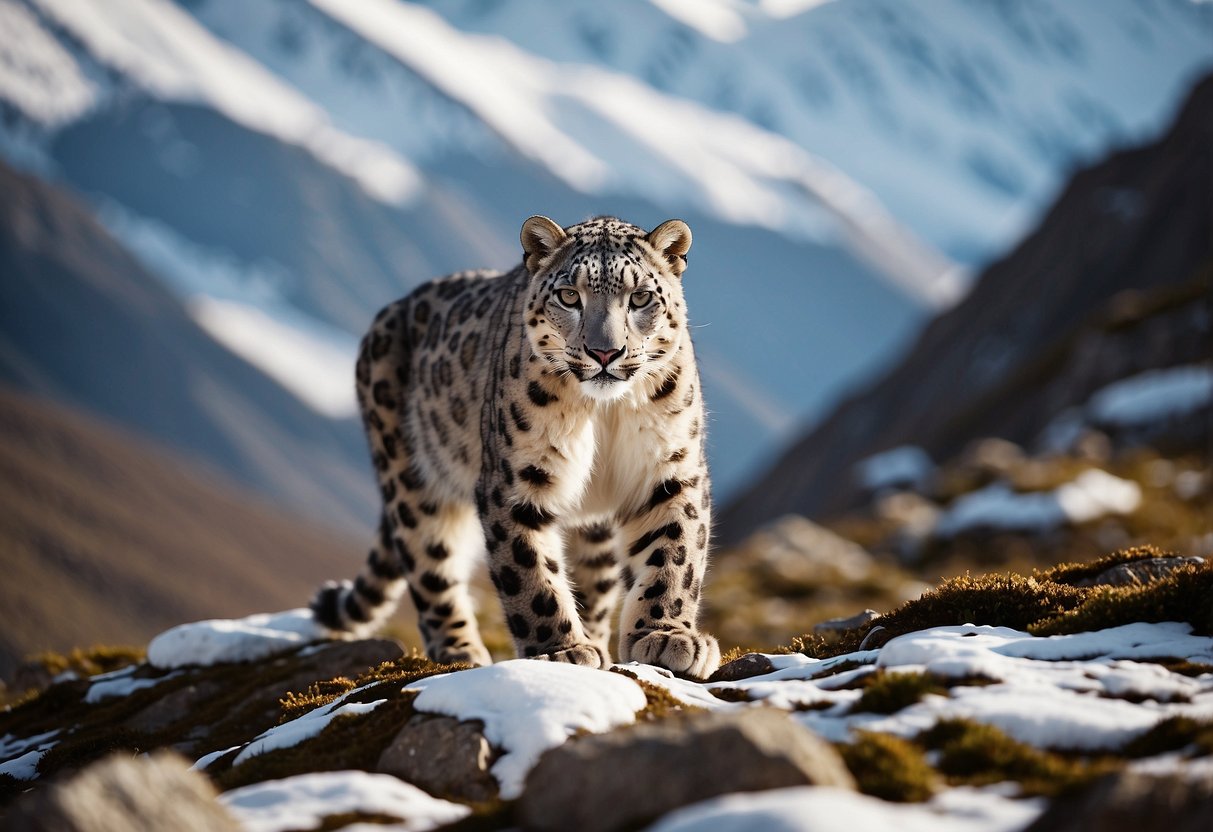 A snow leopard prowls through rocky Himalayan terrain, blending seamlessly with its surroundings. Snow-capped peaks loom in the background, adding to the sense of remote wilderness