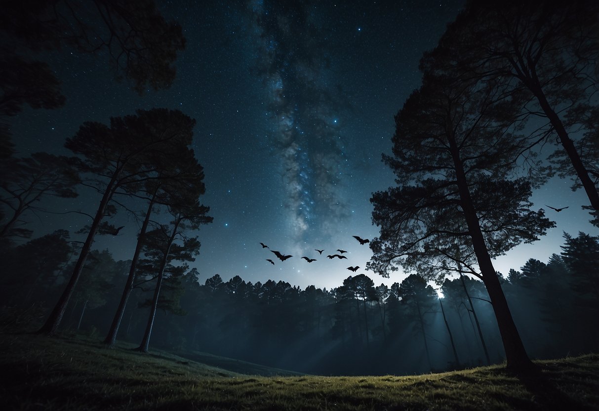 Under a starry sky, bats flit and swoop above a moonlit forest. Trees cast long shadows as the nocturnal creatures dart through the air, their silhouettes visible against the night