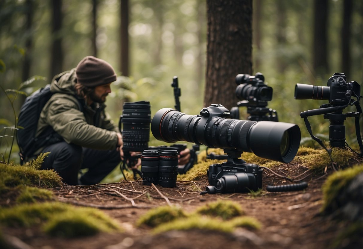 A person selects wildlife watching equipment from a variety of gear options, surrounded by playful wildlife challenges