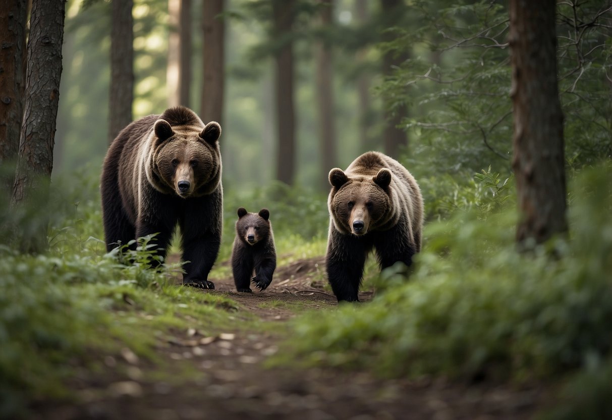 A bear family forages in a lush forest, while a cautious observer watches from a safe distance, noting the surroundings for wildlife watching tips