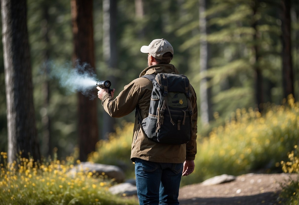 A person holds bear spray while observing wildlife in bear country. Seven tips for safe wildlife watching are listed nearby