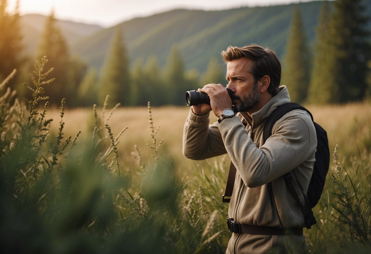 A figure in neutral clothing watches wildlife in bear country. Binoculars hang around their neck as they stand amidst trees and grass